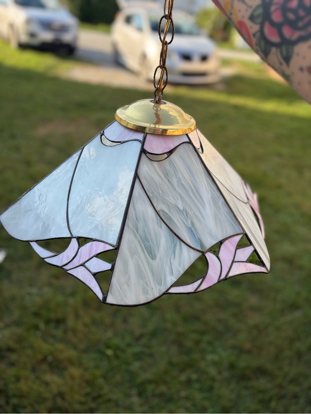 Vintage stained glass wired ceiling light fixture 16.5” wide boho cottage granny
